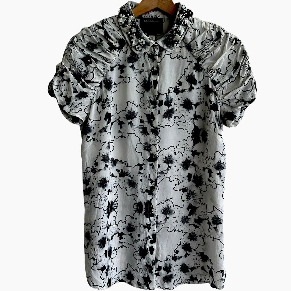Class Roberto Cavalli blouse Sz 10 Floral Silk Blend Embellished Collar